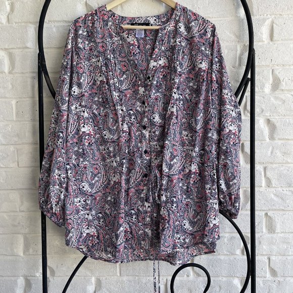 Womens Blouse Size 0X Paisley Floral Pink And‎ Navy Vneck 3/4 Sleeve drawstring - Picture 1 of 7